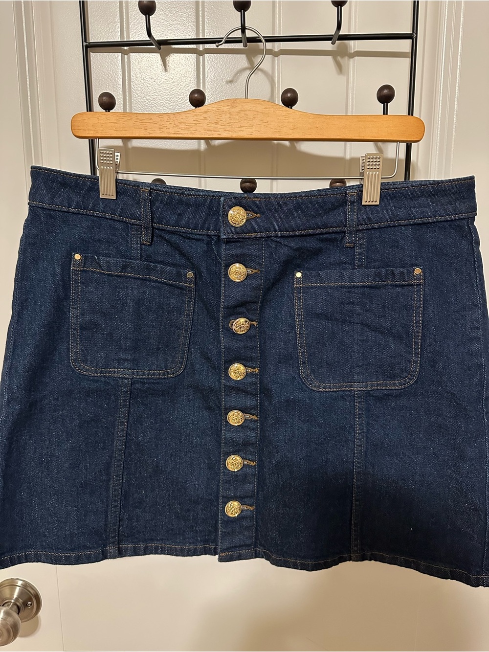 LOFT Dark Blue Denim Button-Front Mini Skirt